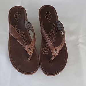OluKai Brown Leather Women's "Paniolo Wedge II" Sandals